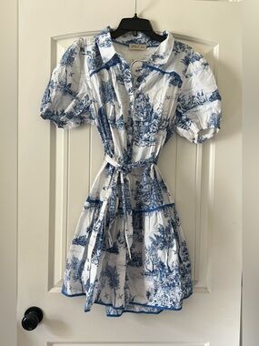 New Style U Francine Toile Stacie Button Down Mini Dress Blue/white toile XL
